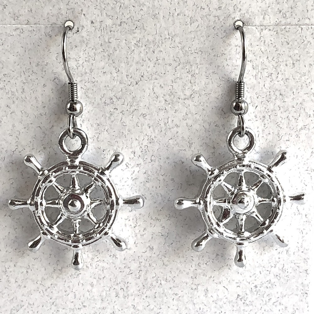 Arthur Court Jewelry Earrings Ship Wheel Nautical Aluminium Hook Ocean‎ Helm